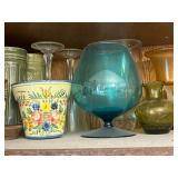 Glassware & Decor - Amber Textured Glasses, Blue Decanter, Clear Goblets, Vanro Floral Ceramic Pot