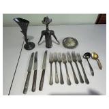 VTG Italian "Pierre the Sommelier" Silverplated Corkscrew, Silverplated Art Deco Vase & Antique Silverplate Flatware Set with Carving Knives