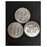 1964 Kennedy Half Dollar Coins - 3 US 50c Pieces