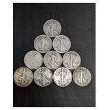 Walking Liberty Half Dollars - 10 Coins (1916-1947) 90% Silver