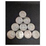 Lot Of 10 Franklin Half Dollars 90% Silver