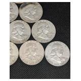 Lot Of 10 Franklin Half Dollars 90% Silver