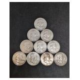 Lot Of 10 Franklin Half Dollars 90% Silver