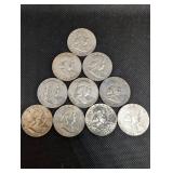 Lot Of 10 Franklin Half Dollars 90% Silver