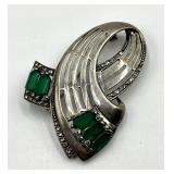 Sterling Silver Brooch - Green Rectangular Stones