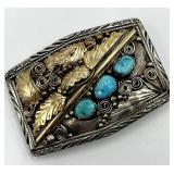 Navajo Sterling Belt Buckle With Turquoise Inlays 12K Gold-Filled