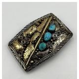 Navajo Sterling Belt Buckle With Turquoise Inlays 12K Gold-Filled