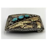 Navajo Sterling Belt Buckle With Turquoise Inlays 12K Gold-Filled