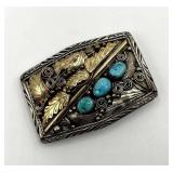 Navajo Sterling Belt Buckle With Turquoise Inlays 12K Gold-Filled