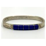 Sterling Silver 925 Hinged Bracelet with Lapis Lazuli Inlay