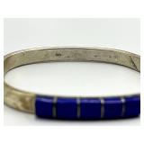 Sterling Silver 925 Hinged Bracelet with Lapis Lazuli Inlay