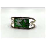 Alpaca Silver Cuff Bracelet - Green Enamel Inlay