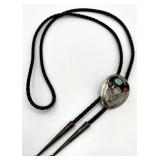 Navajo Sterling Silver Bolo Necklace - Turquoise & Coral Inlay