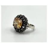 925 Sterling Silver Citrine Marcasite Cocktail Ring - Size 7