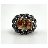 925 Sterling Silver Citrine Marcasite Cocktail Ring - Size 7