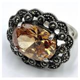 925 Sterling Silver Citrine Marcasite Cocktail Ring - Size 7