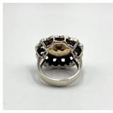 925 Sterling Silver Citrine Marcasite Cocktail Ring - Size 7