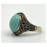 Chinese Export Sterling Filigree Turquoise Ring - Adjustable, Cabochon