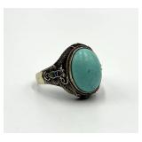 Chinese Export Sterling Filigree Turquoise Ring - Adjustable, Cabochon