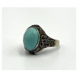 Chinese Export Sterling Filigree Turquoise Ring - Adjustable, Cabochon