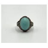 Chinese Export Sterling Filigree Turquoise Ring - Adjustable, Cabochon