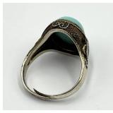 Chinese Export Sterling Filigree Turquoise Ring - Adjustable, Cabochon
