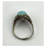 Chinese Export Sterling Filigree Turquoise Ring - Adjustable, Cabochon