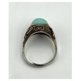Chinese Export Sterling Filigree Turquoise Ring - Adjustable, Cabochon