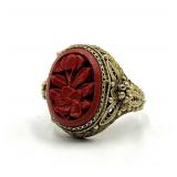 Chinese Export Cinnabar Floral Ring - Gilt Silver Adjustable