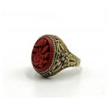 Chinese Export Cinnabar Floral Ring - Gilt Silver Adjustable