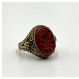Chinese Export Cinnabar Floral Ring - Gilt Silver Adjustable