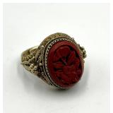 Chinese Export Cinnabar Floral Ring - Gilt Silver Adjustable