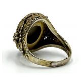 Chinese Export Cinnabar Floral Ring - Gilt Silver Adjustable