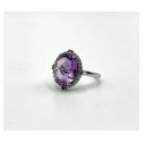 Sterling Silver Oval Amethyst Ring - Halo Setting