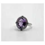 Sterling Silver Oval Amethyst Ring - Halo Setting