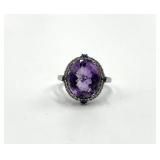 Sterling Silver Oval Amethyst Ring - Halo Setting