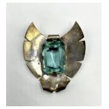 Sterling Silver Brooch Pin with Emerald-Cut Blue-Green Gem