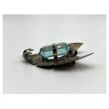 Sterling Silver Brooch Pin with Emerald-Cut Blue-Green Gem