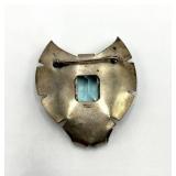 Sterling Silver Brooch Pin with Emerald-Cut Blue-Green Gem