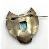 Sterling Silver Brooch Pin with Emerald-Cut Blue-Green Gem
