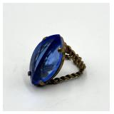 Regency Revival Style Cocktail Ring - Blue Glass Stone - Adjustable