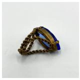 Regency Revival Style Cocktail Ring - Blue Glass Stone - Adjustable