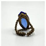 Regency Revival Style Cocktail Ring - Blue Glass Stone - Adjustable