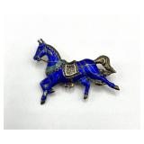 Sterling Blue Enamel Horse Brooch