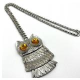 Owl Pendant Necklace - Silver Tone with Amber Eyes