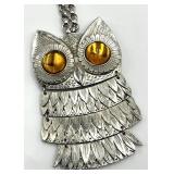 Owl Pendant Necklace - Silver Tone with Amber Eyes