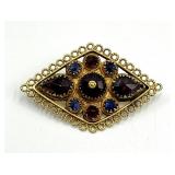 Filigree Brooch Pin - Gold-Tone With Red and Blue Stones