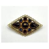 Filigree Brooch Pin - Gold-Tone With Red and Blue Stones