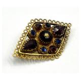 Filigree Brooch Pin - Gold-Tone With Red and Blue Stones
