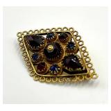 Filigree Brooch Pin - Gold-Tone With Red and Blue Stones
